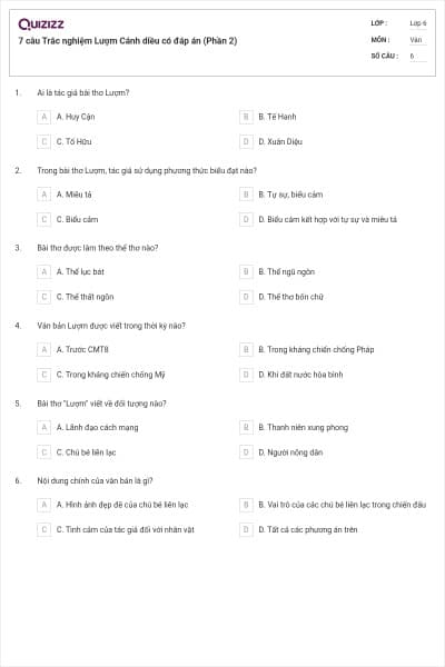 7 câu Trắc nghiệm Lượm Cánh diều có đáp án (Phần 2)