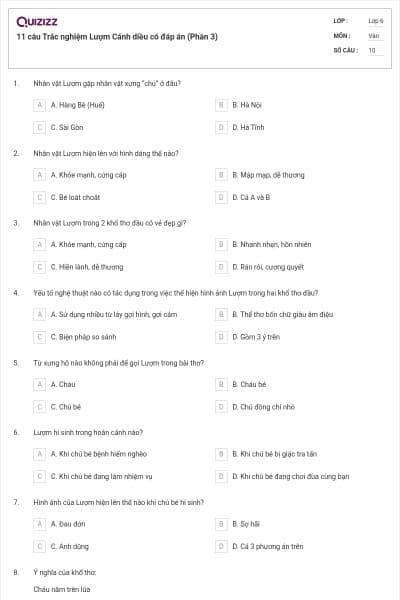 11 câu Trắc nghiệm Lượm Cánh diều có đáp án (Phần 3)