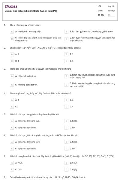 75 câu trắc nghiệm Liên kết hóa học cơ bản (P1)