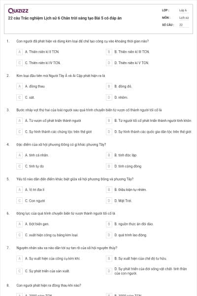 22 câu Trắc nghiệm Lịch sử 6 Chân trời sáng tạo Bài 5 có đáp án