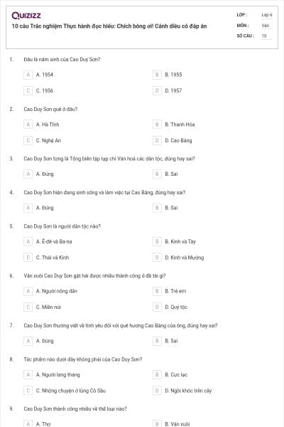 10 câu Trắc nghiệm Thực hành đọc hiểu: Chích bông ơi! Cánh diều có đáp án