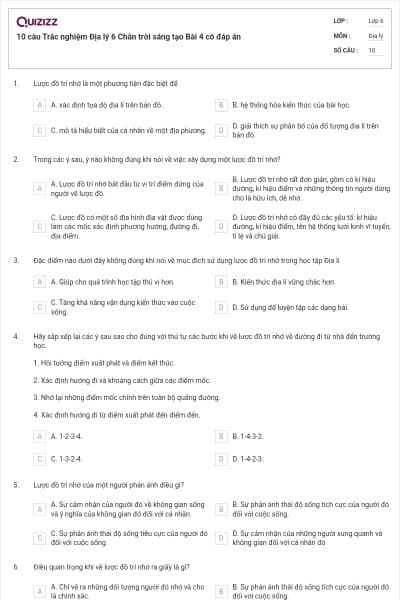 10 câu Trắc nghiệm Địa lý 6 Chân trời sáng tạo Bài 4 có đáp án