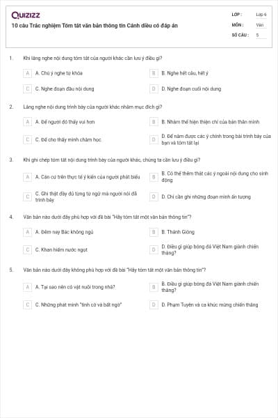 10 câu Trắc nghiệm Tóm tắt văn bản thông tin Cánh diều có đáp án