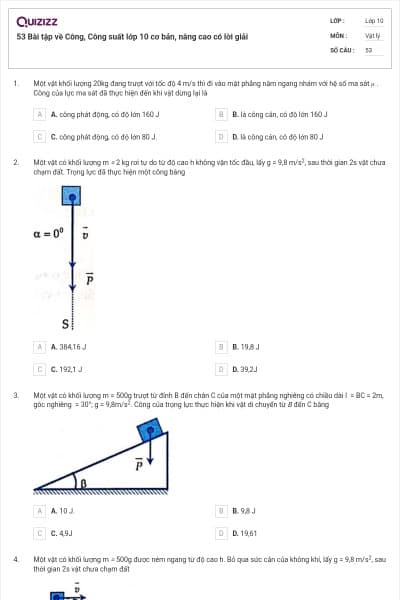 53 Bài tập về Công, Công suất lớp 10 cơ bản, nâng cao có lời giải