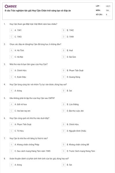 8 câu Trắc nghiệm tá́c giả Huy Cận Chân trời sáng tạo có đáp án