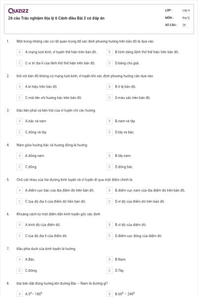26 câu Trắc nghiệm Địa lý 6 Cánh diều Bài 2 có đáp án