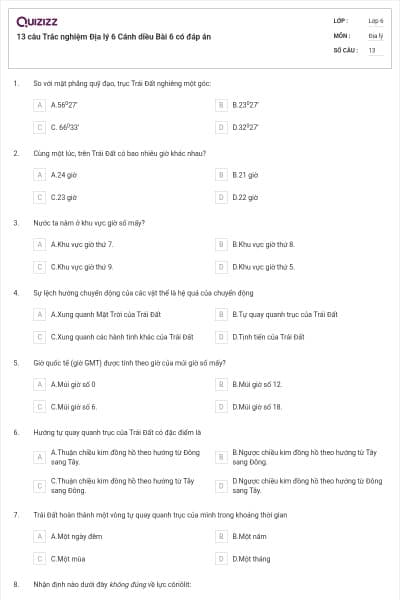 13 câu Trắc nghiệm Địa lý 6 Cánh diều Bài 6 có đáp án