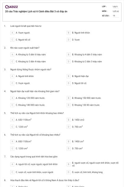 20 câu Trắc nghiệm Lịch sử 6 Cánh diều Bài 3 có đáp án