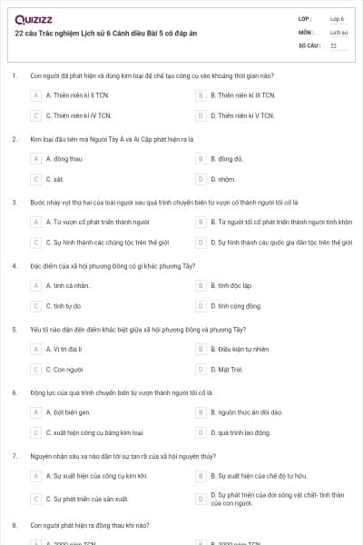 22 câu Trắc nghiệm Lịch sử 6 Cánh diều Bài 5 có đáp án