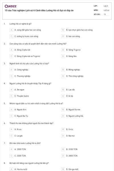 15 câu Trắc nghiệm Lịch sử 6 Cánh diều Lưỡng Hà cổ đại có đáp án