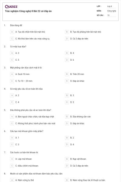 Trắc nghiệm Công nghệ 8 Bài 22 có đáp án