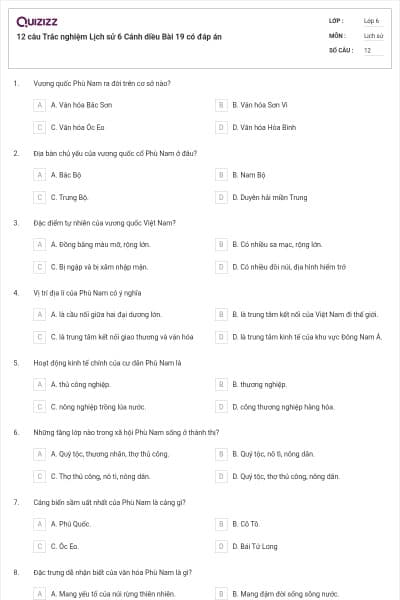 12 câu Trắc nghiệm Lịch sử 6 Cánh diều Bài 19 có đáp án