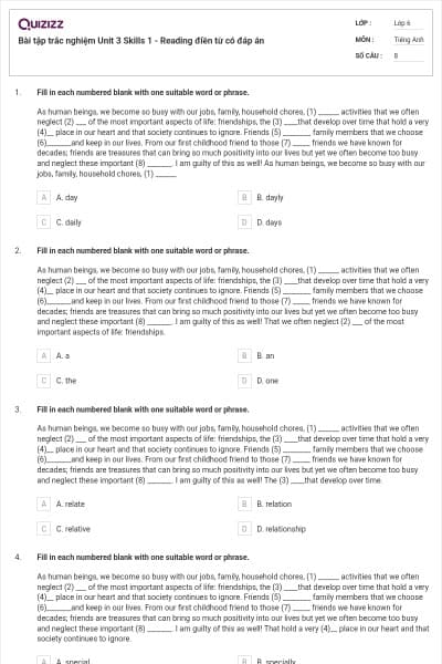 Bài tập trắc nghiệm Unit 3 Skills 1 - Reading điền từ có đáp án