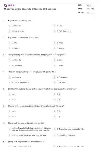 15 câu Trắc nghiệm Công nghệ 6 Cánh diều Bài 9 có đáp án