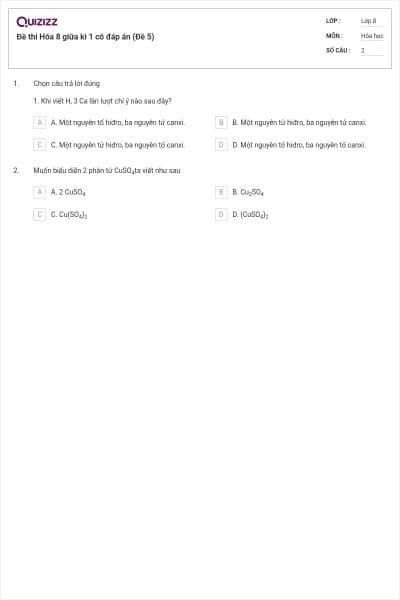 Đề thi Hóa 8 giữa kì 1 có đáp án (Đề 5)
