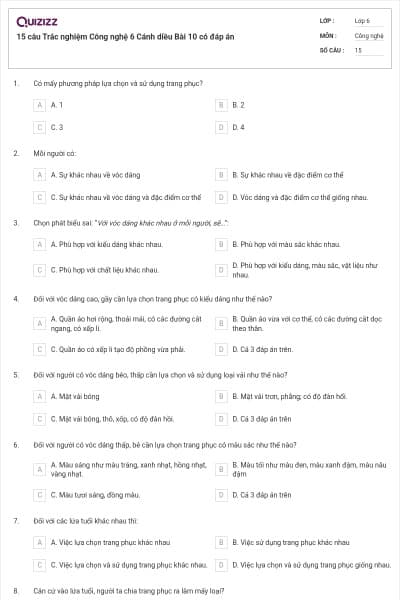 15 câu Trắc nghiệm Công nghệ 6 Cánh diều Bài 10 có đáp án