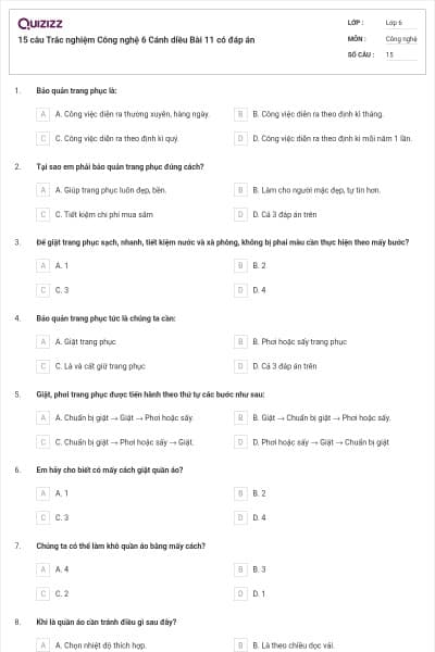 15 câu Trắc nghiệm Công nghệ 6 Cánh diều Bài 11 có đáp án