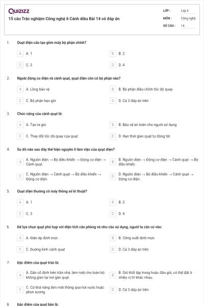 15 câu Trắc nghiệm Công nghệ 6 Cánh diều Bài 14 có đáp án