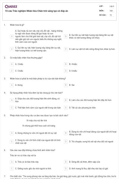 10 câu Trắc nghiệm Nhân hóa Chân trời sáng tạo có đáp án