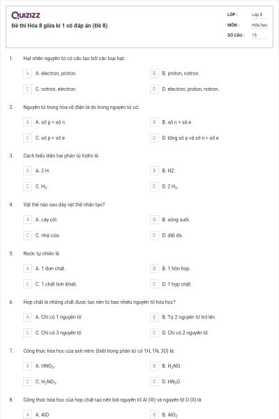 Đề thi Hóa 8 giữa kì 1 có đáp án (Đề 8)