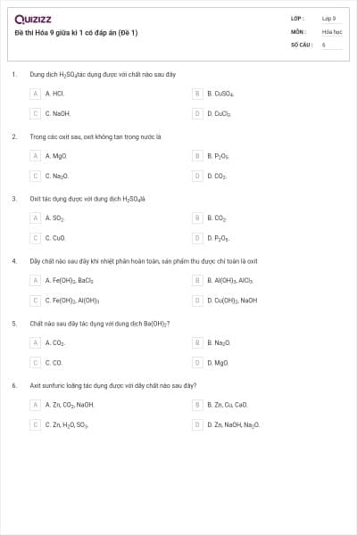 Đề thi Hóa 9 giữa kì 1 có đáp án (Đề 1)