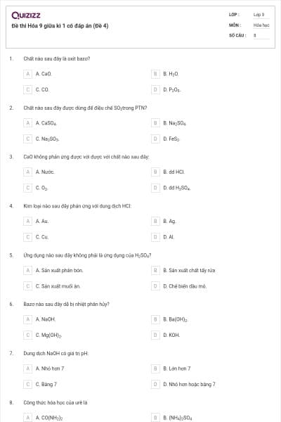 Đề thi Hóa 9 giữa kì 1 có đáp án (Đề 4)