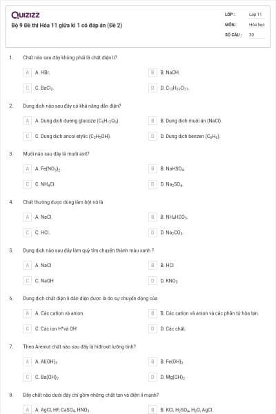Bộ 9 Đề thi Hóa 11 giữa kì 1 có đáp án (Đề 2)