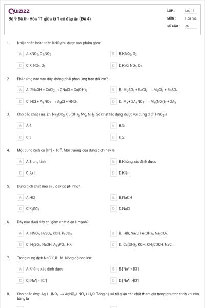 Bộ 9 Đề thi Hóa 11 giữa kì 1 có đáp án (Đề 4)