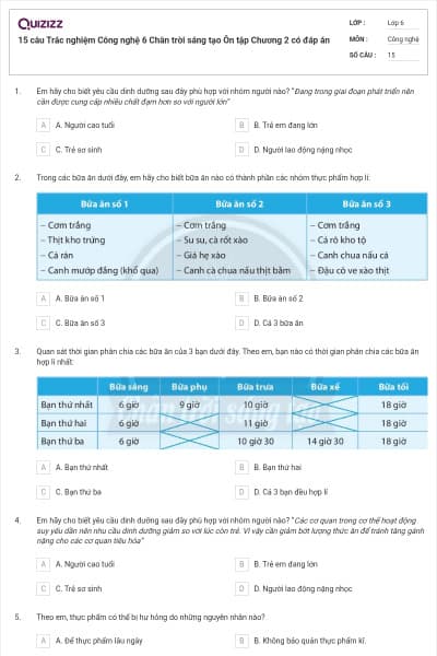 15 câu Trắc nghiệm Công nghệ 6 Chân trời sáng tạo Ôn tập Chương 2 có đáp án