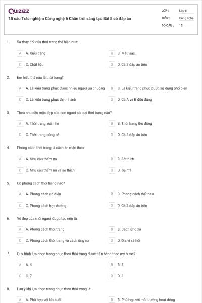 15 câu Trắc nghiệm Công nghệ 6 Chân trời sáng tạo Bài 8 có đáp án
