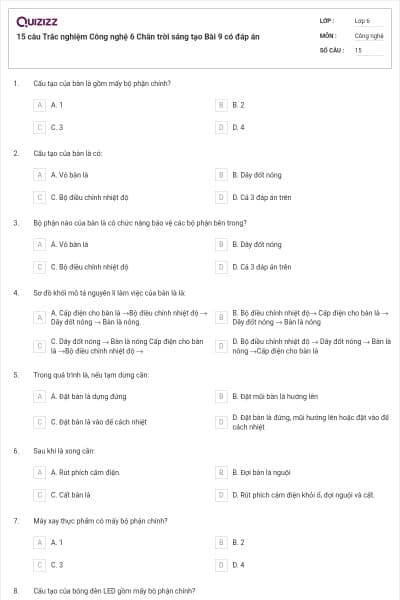 15 câu Trắc nghiệm Công nghệ 6 Chân trời sáng tạo Bài 9 có đáp án