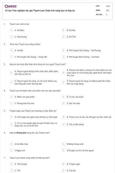10 câu Trắc nghiệm tác giả Thạch Lam Chân trời sáng tạo có đáp án