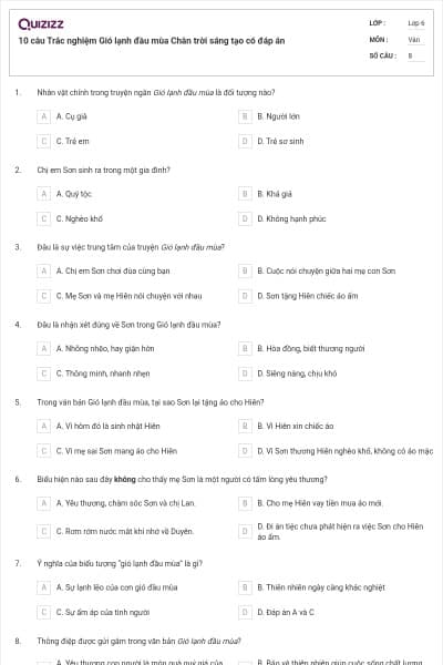 10 câu Trắc nghiệm Gió lạnh đầu mùa Chân trời sáng tạo có đáp án