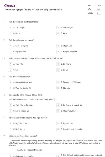 10 câu Trắc nghiệm Tuổi thơ tôi Chân trời sáng tạo có đáp án