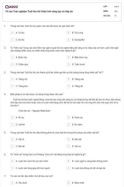 10 câu Trắc nghiệm Tuổi thơ tôi Chân trời sáng tạo có đáp án