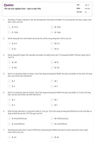 150 câu trắc nghiệm Este - Lipit cơ bản (P6)
