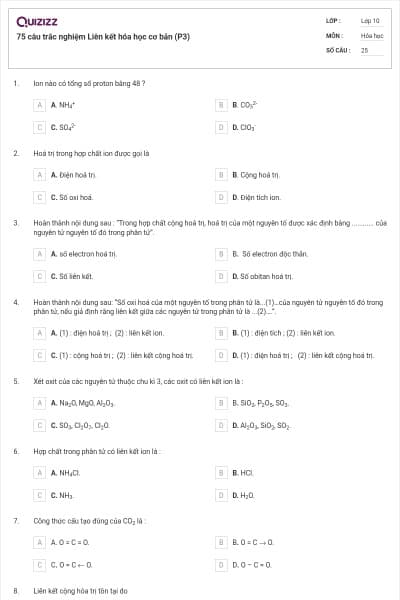 75 câu trắc nghiệm Liên kết hóa học cơ bản (P3)