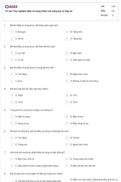 10 câu Trắc nghiệm Mây và sóng Chân trời sáng tạo có đáp án