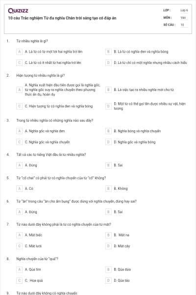 10 câu Trắc nghiệm Từ đa nghĩa Chân trời sáng tạo có đáp án