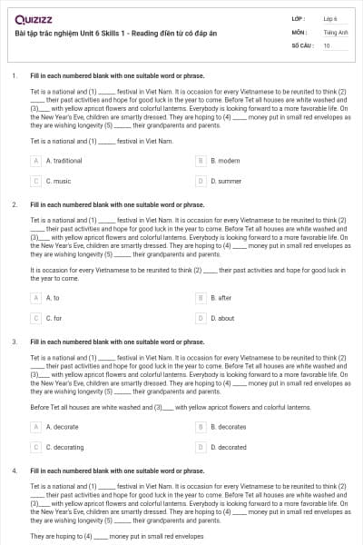 Bài tập trắc nghiệm Unit 6 Skills 1 - Reading điền từ có đáp án