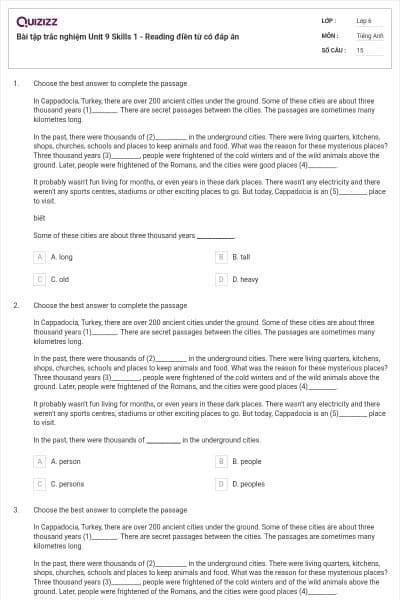 Bài tập trắc nghiệm Unit 9 Skills 1 - Reading điền từ có đáp án