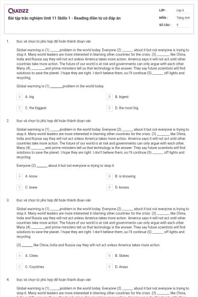 Bài tập trắc nghiệm Unit 11 Skills 1 - Reading điền từ có đáp án