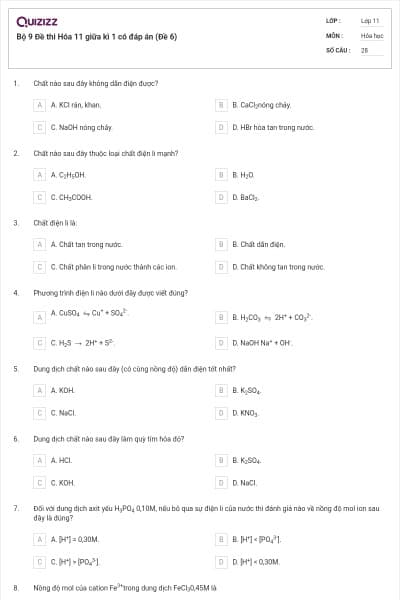 Bộ 9 Đề thi Hóa 11 giữa kì 1 có đáp án (Đề 6)