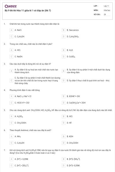 Bộ 9 Đề thi Hóa 11 giữa kì 1 có đáp án (Đề 7)