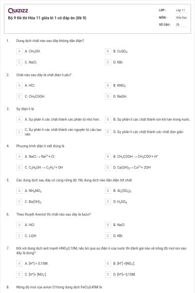 Bộ 9 Đề thi Hóa 11 giữa kì 1 có đáp án (Đề 9)