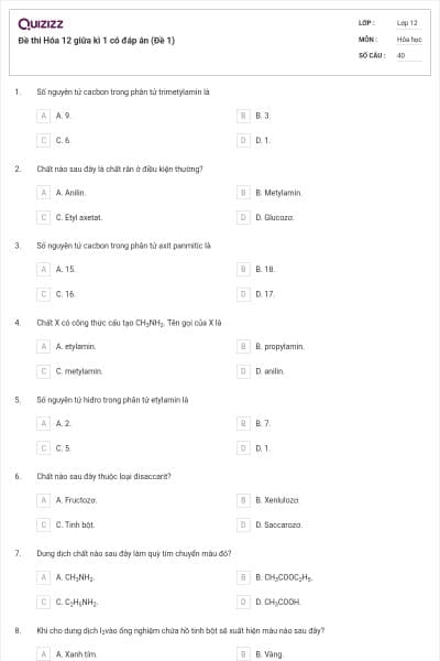 Đề thi Hóa 12 giữa kì 1 có đáp án (Đề 1)