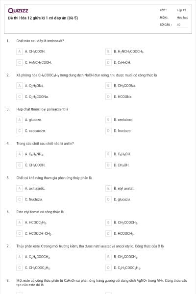 Đề thi Hóa 12 giữa kì 1 có đáp án (Đề 5)