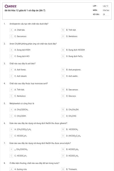 Đề thi Hóa 12 giữa kì 1 có đáp án (Đề 7)