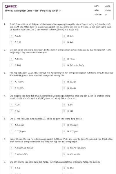 150 câu trắc nghiệm Crom - Sắt - Đồng nâng cao (P1)