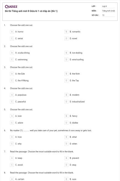Đề thi Tiếng anh mới 8 Giữa kì 1 có đáp án (Đề 1)